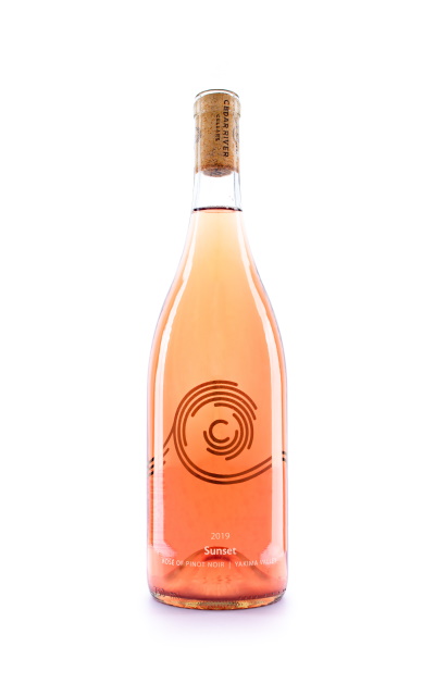 A bottle shot of 2020 Cedar River Cellars Sunset  Pinot Noir (Rose)